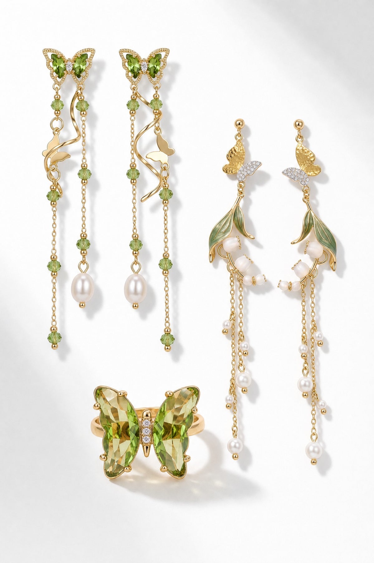 The Fern Set — both pairs of earrings and the ring together