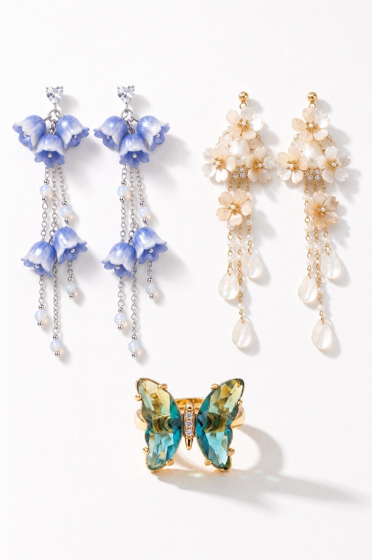 The Lagoon Set — both pairs of earrings and the ring together