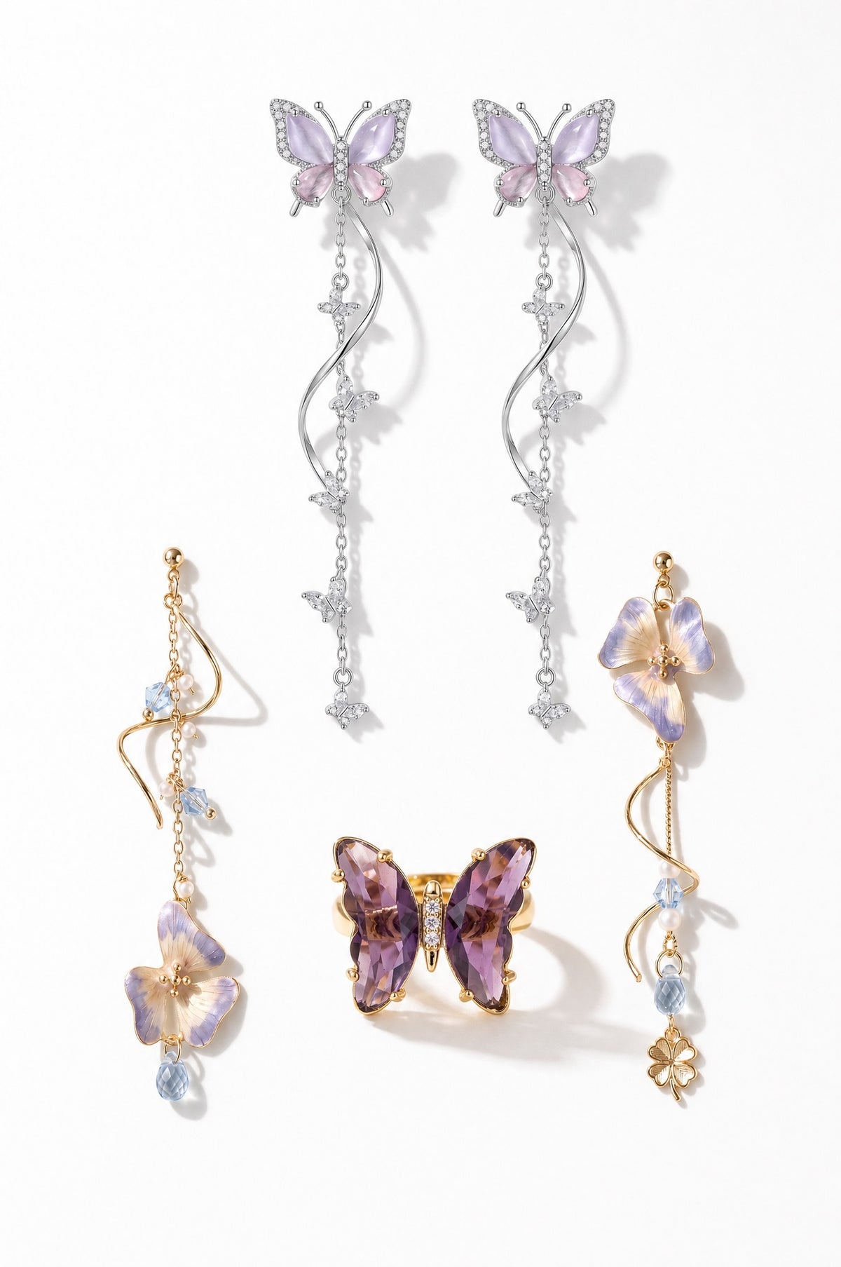 The Violet Set — both pairs of earrings and the ring together