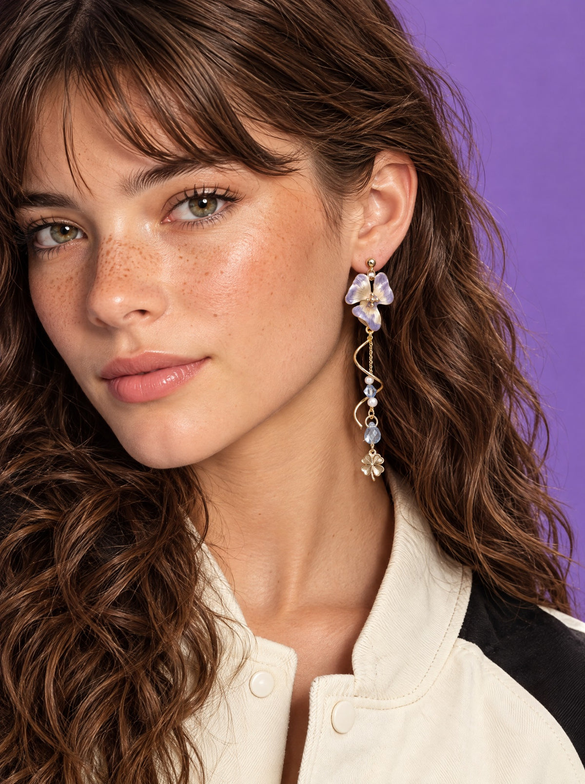 dangun-v-worn — Pansy Earrings, worn