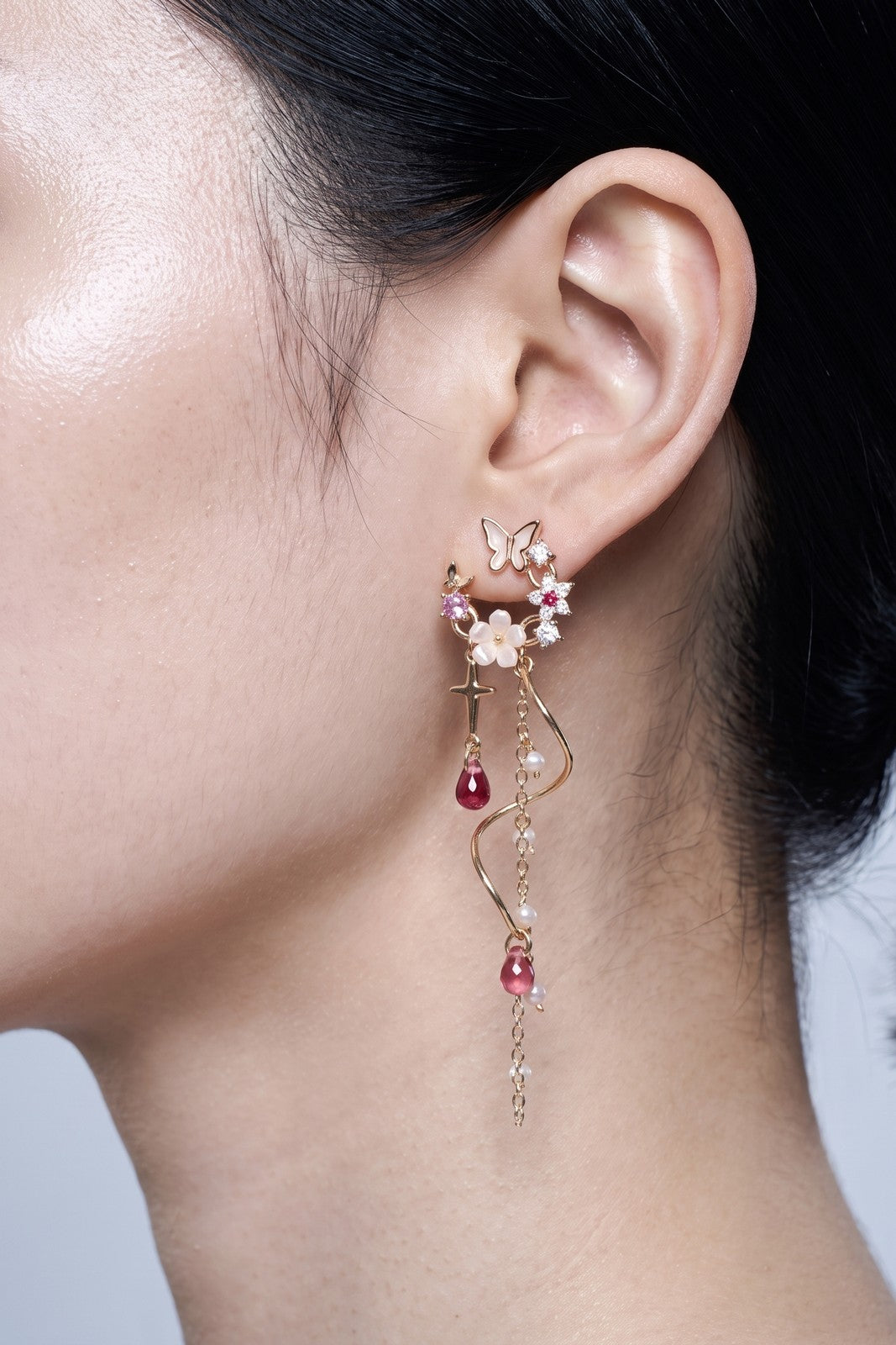 The Bluebell Earrings worn, seen from the side
